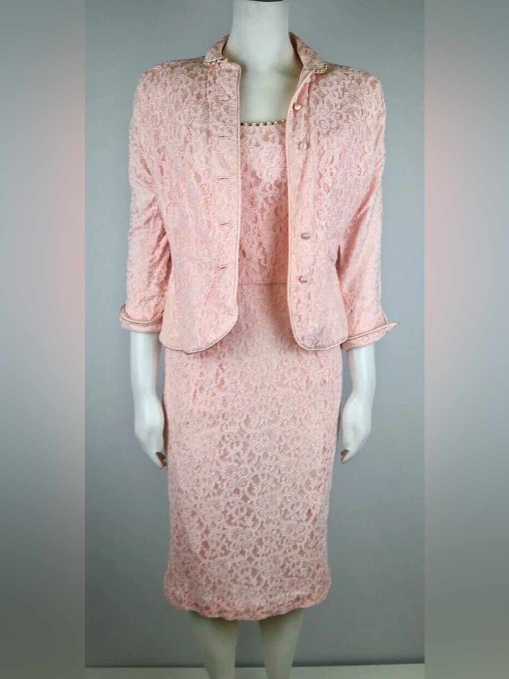 Vintage 1950s Light Pink Lace Suit Dress & Jacket Set Pearl Rhinestones XS